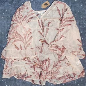 Aglow Maternity Shirt Red Leaf and Bird Print Flowy Blouse Womens Large